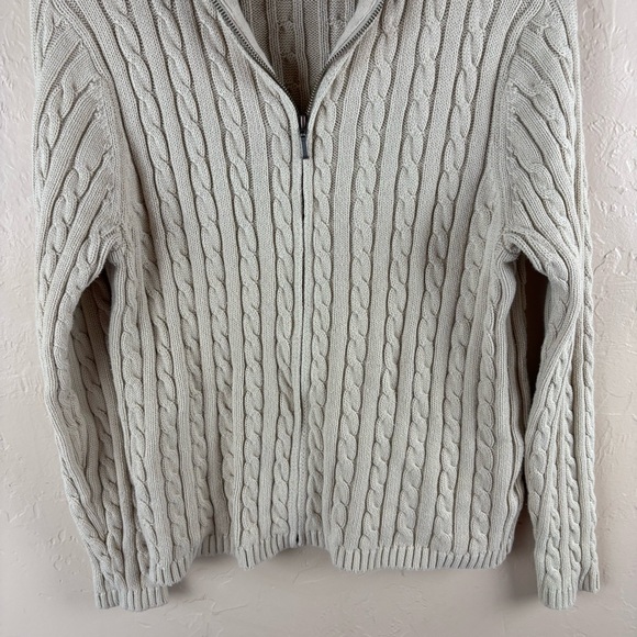 L.L. Bean Cream Tan Cowl Neck Cable Knit Cardigan Sweater Full Zip Women’s Large - Picture 3 of 10